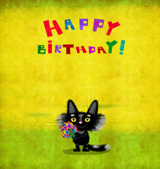 Birthday Card Fluffy Black Kitten With Flowers