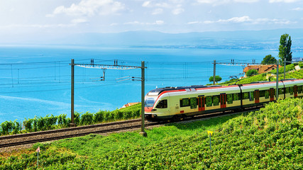 Running train at Lavaux Vineyard Terraces hiking trail at Lake Geneva and Alpine mountains,...