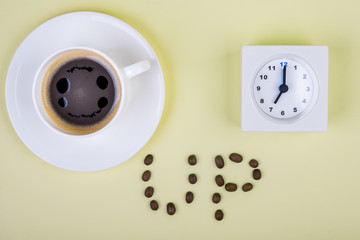 Morning coffee, coffee cup time clock concept, top view