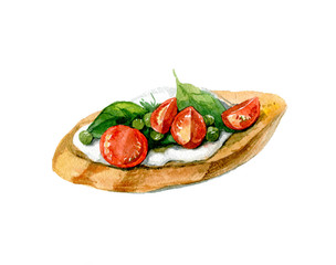 Appetizing bruschetta with tomatoes, cottage cheese and cuppers. Vegetarian food. Watercolor illustration isolated on white background