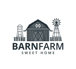 Obraz premium backyard barn farm house storage hangar with fence windmill and water torrent tower vector logo design