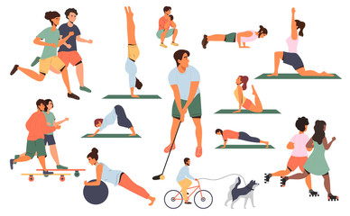 Fototapeta na wymiar Large collection of colored sports poses or activities with men and women running, doing assorted exercises in a gym, skateboarding, pilates, yoga, golf, jogging, vector illustrations on white