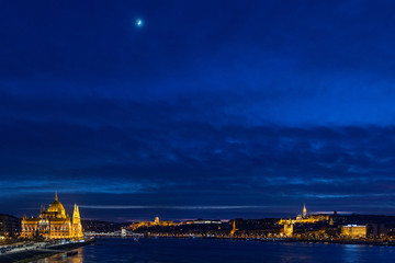 Budapest during the night, Hungarian parliament (left), Buda castle (center) and Matthias church (right)