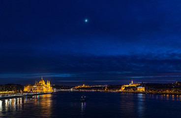 Budapest during the night, Hungarian parliament (left), Buda castle (center) and Matthias church (right)