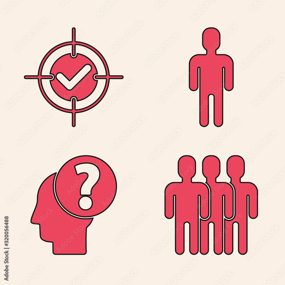 Poster set users group, target and check mark, user of man in business suit and human head with question ma