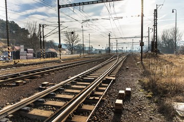 Railway line in the Czech Republic near the town of Tisnov. View of railroad tracks. Transport by...