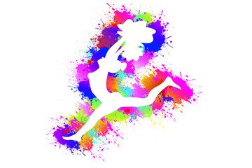 Fototapeta na wymiar Sports background. Cheerleader logo design. Dancing colorful girl splash paint. Icon, Symbol, Silhouette, Vector illustration.