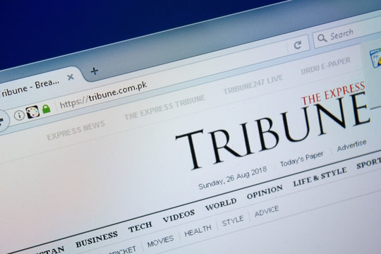 Ryazan, Russia - August 26, 2018: Homepage of Tribune website on the display of PC. Url - Tribune.com.pk