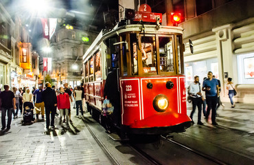 Istanbul / Turkey 15th Spet 2019: Takim traditional red tram in the night
