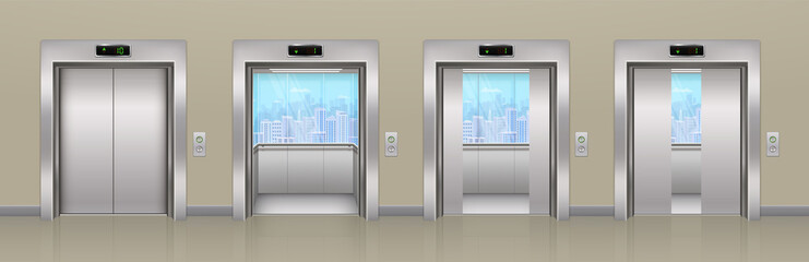 Modern open and closed metallic chrome office building passenger elevator with glass windows and city views. Realistic lift in an empty corridor. © Ramcreative
