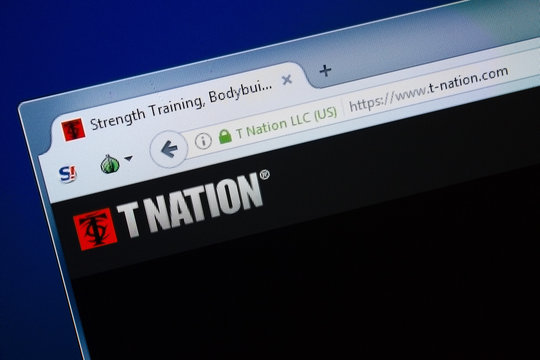 Ryazan, Russia - August 26, 2018: Homepage of T- Nation website on the display of PC. Url - T-Nation.com