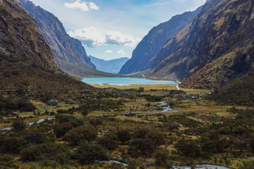 Llanganuco Lake, stunning spot in the Cordillera Blanca in the Andes of Peru. Part of Huascaran National Park.