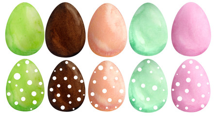 Set of watercolor hand drawn happy easter eggs of green brown chocolate orange pink mint color with polka dot ornament. Colored religious Christian symbols for cards design celebration banner