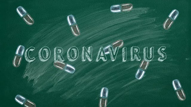 Hand drawing and animated text "CORONAVIRUS" and falling down pills on blackboard.