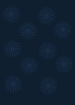 Bold graphic abstract daisies floral shibori pattern. Simplistic hand drawn colourful blooms on navy blue background. Retro minimal stylized flowers and dots print. Image Illustration