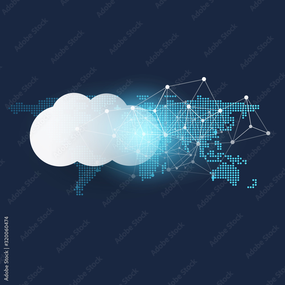 Poster cloud computing design concept - digital connections, technology background with world map and geome