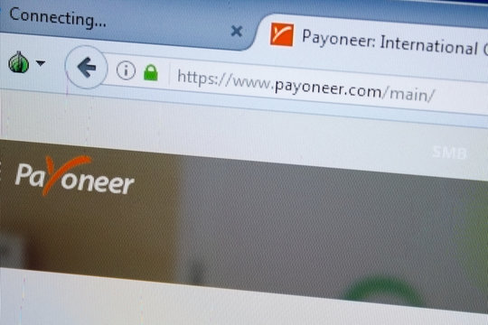Ryazan, Russia - August 26, 2018: Homepage of Payoneer website on the display of PC. Url - Payoneer.com