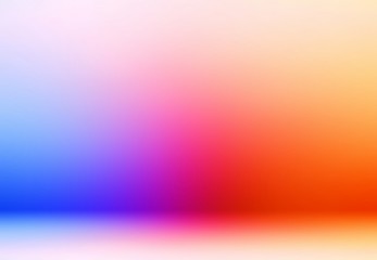 3d wall and floor colorful pattern on smooth texture. Art empty room background. Blue pink red yellow blur gradient. Fantasy drow defocused illustration.