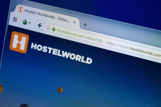 Ryazan, Russia - August 26, 2018: Homepage of Hostel World website on the display of PC. Url - HostelWorld.com