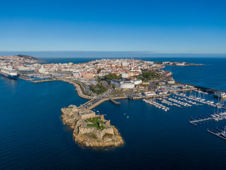 Aerial view of A Coruna and Castle of San Anton in Galicia