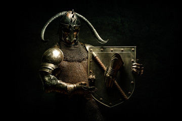 Portrait of a Viking Berserker warrior, holding a shield in his hands
