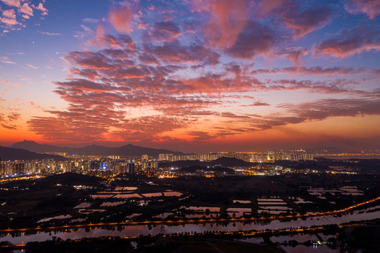 Aerial View of rural green fields in Hong Kong border at sunset © Earnest Tse