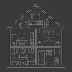 Standard house model in a cut. Vector linear illustration on a dark background. Cottage in the section. The layout of the rooms and furniture in the house. Design project.
