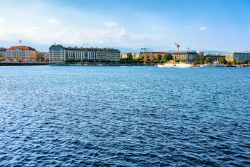 Geneva, Switzerland - August 30, 2016: Ferry in Geneva Lake near Promenade du Lac in summer,...