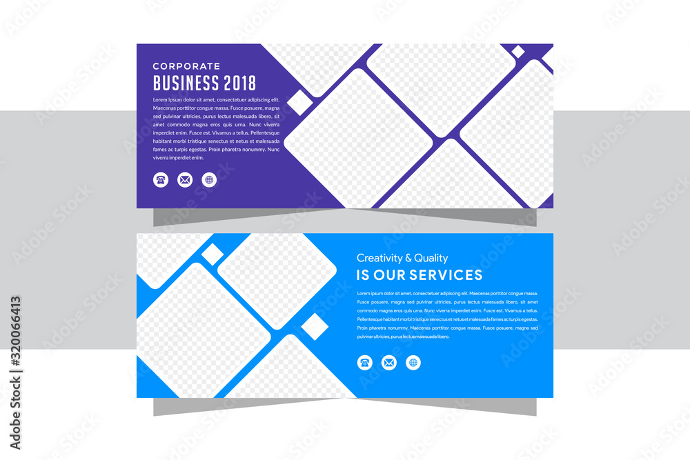 Poster set of vector horizontal banners with abstract square shape for photo collage. templates with blue a