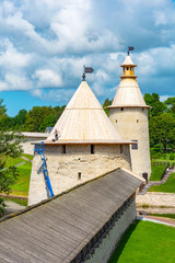 Flat and high towers of the Pskov fortress