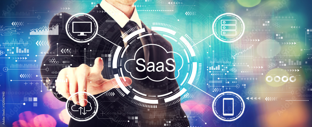 Poster saas - software as a service concept with a businessman on a shiny background