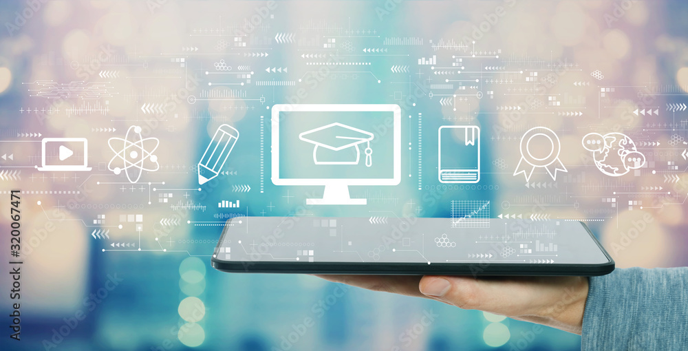 Poster e-learning concept with man holding a tablet computer