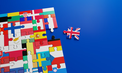 Obraz premium Brexit - British exit from the European Union in 2020. The concept of a 'Brexit' represented via jigsaw puzzle. Member states represented by pieces of puzzles with flag. 3D rendering graphics.