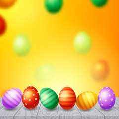 Trendy poster with colorful eggs. Happy Easter. Decorated yellow, red, blue, green and purple eggs background