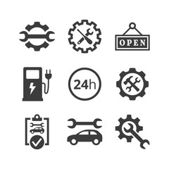 Car service and repair icons set on white background.