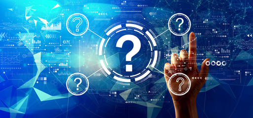 Question marks with hand pressing a button on a technology screen