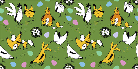Cute seamless pattern with rooster, hen, little chickens and scattered eggs. Flat style, cartoon style. Set of elements for easter design.