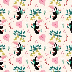 cute bird and variety Amazon flower seamless pattern