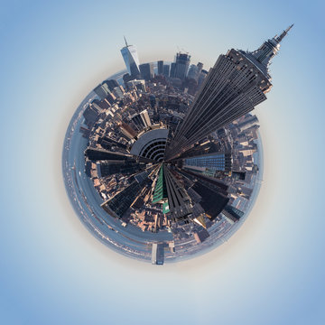 Fish Eye View Of One World Trade Center And Empire State Building In City Against Sky