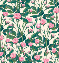 Seamless floral pattern of small bush roses. Botanical hand made gouache illustration. Design for packaging, weddings, fabrics, textiles, wallpapers, website, cards.