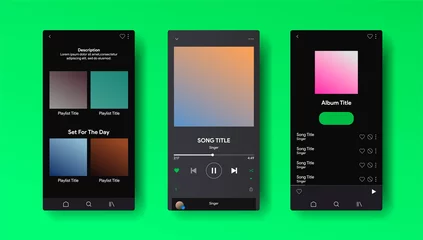  Social media network inspired by Spotify. Music player interface by subscription. Profile, Album, Song, Playlist mockup. Black apple music screen. Vector illustration. © artempohrebniak