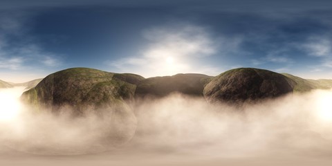 Fototapeta na wymiar HDRI, environment map , Round panorama, spherical panorama, equidistant projection, panorama 360, Green hills in the morning in the fog, 3d rendering