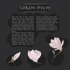 Floral black background with magnolia flowers Vector square social media template with text