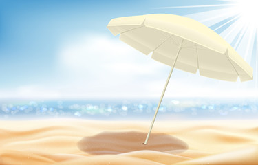 Summer seascape, sunny sandy beach with umbrella, sky and clouds, bright sun illuminates the sand and sea water. Vector illustration.