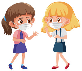 Two girls wearing mask on white background