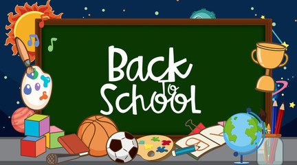 Back to school sign with many school items and space background
