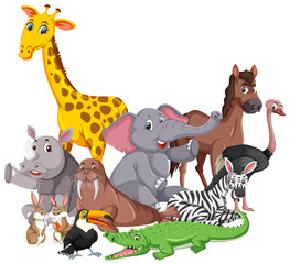 Naklejka premium Different types of wild animals on white background