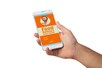 Food delivery order online app on mobile display isolated against white background.