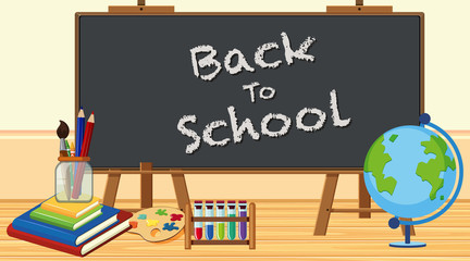 Back to school sign with board and school items