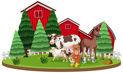 Scene with farm animals standing in front of the barns
